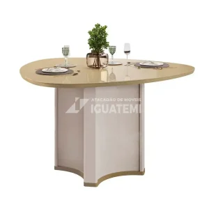 MESA DJ CHANEL 136X136 TAMPO ORGANICO C/VIDRO OFF WHITE/DOURADO